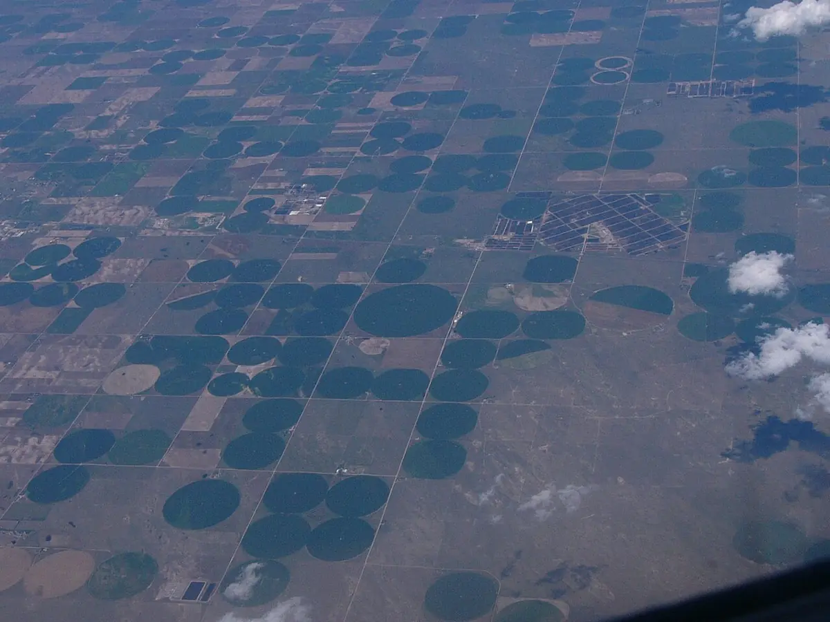 Aerial view of round center-pivot irrigated fields in the western United States