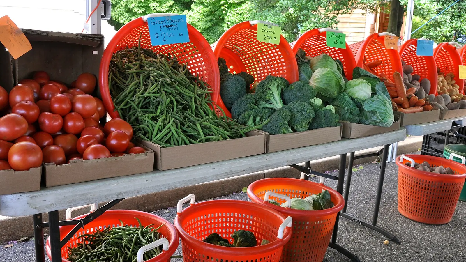 Baskets of fresh tomatoes, beans and greens at a US farmers market