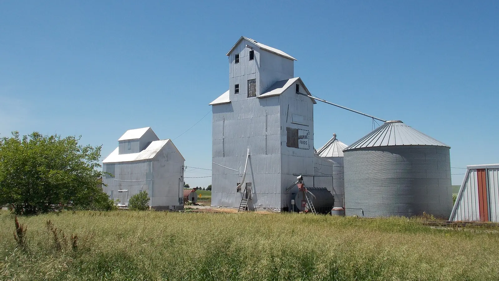 Grain elevators and steel bins beside a field in Downey, Iowa